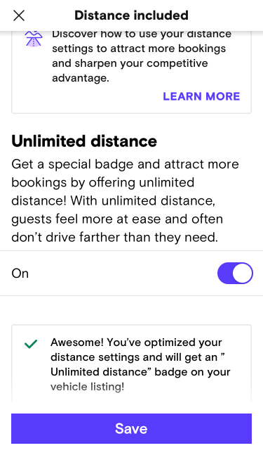 Turo app screenshot of the CRV listing Distance setting