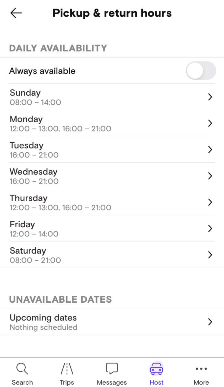 Screenshot of my updated Pickup & Return Hours via Turo App