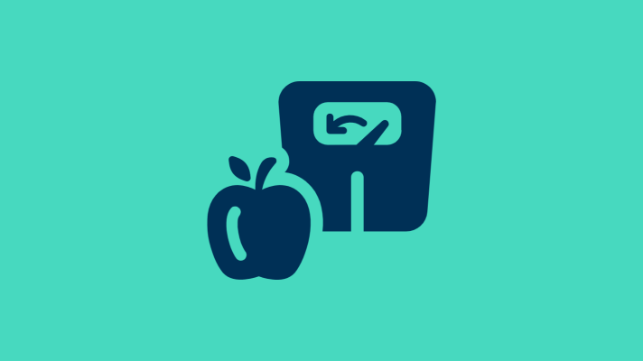 Icons of an apple and a bathroom scale depicting weight loss