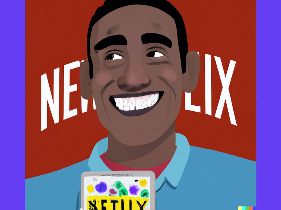 “Tall brown skin man happy and addicted to Netflix documentaries digital art” by
Michael P Wright and DALL·E