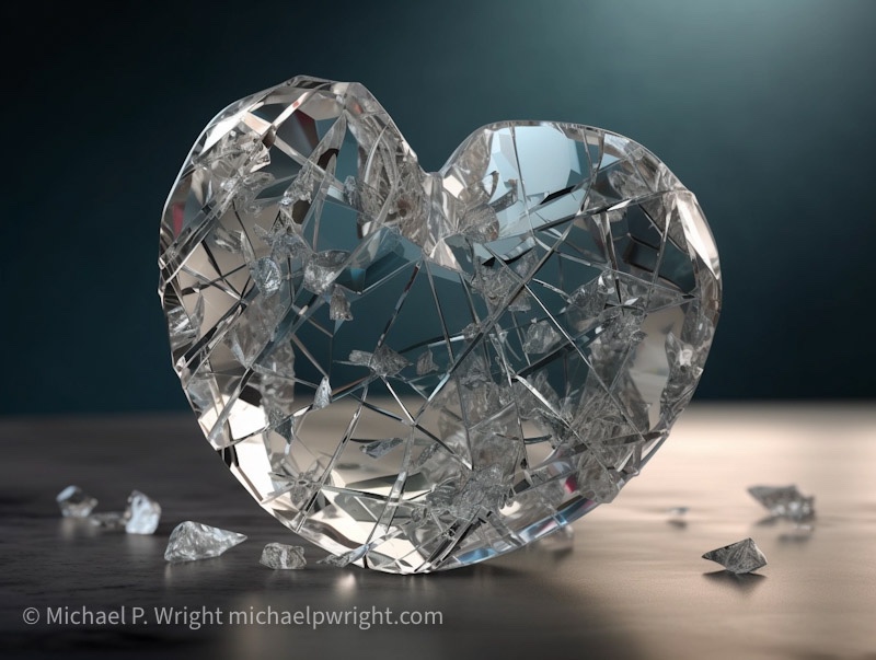 a broken crystal 3D heart held together by adhesive bandages