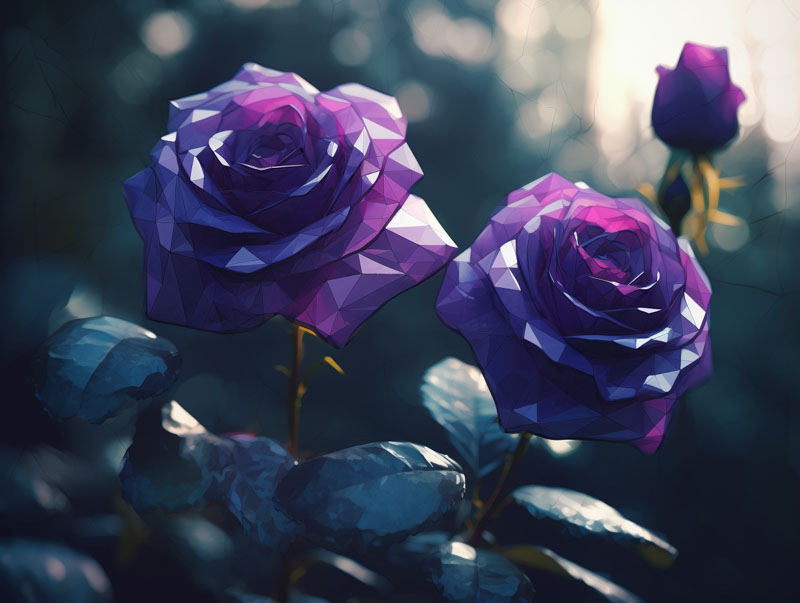 Prompt: Four dark purple roses, garden, bokeh, bright sunny day, geometric illustration, 8K, photorealistic. Made in Midjourney.