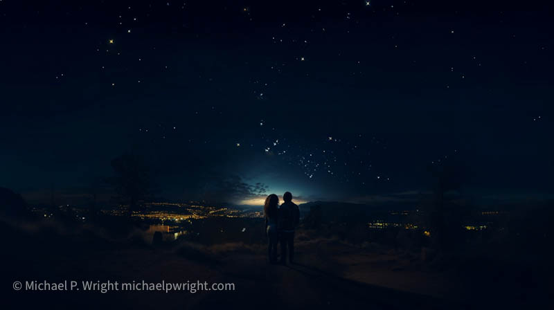Couple midjourney generated prompt "petite curly haired Black woman and tall height muscular Black man holding hands, staring at stars, silhouette. Night time. sky full of stars. Arizona mountain landscape at night. Rocky area. wide angle"