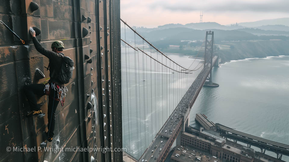 mountain climber climbing the side of a high rise building, anxiety of heights, view from the roof of the high rise building, large bridge in foreground . Made in midjourney