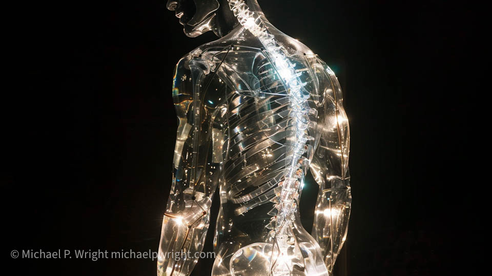 Pain. midjourney prompt: lean muscular man made of crystal, visible skeleton, glowing spine --ar 16:9