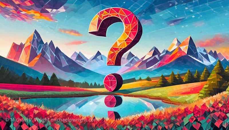 Giant geometric question mark made in Adobe Firefly.