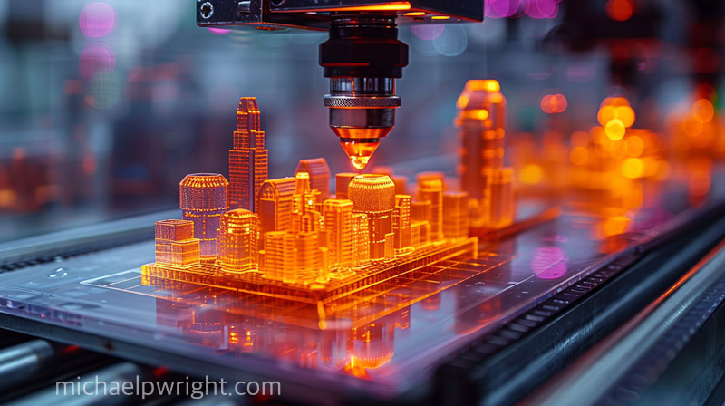 Midjourney prompt: “a model metropolitan city being 3-D printed on a 3-D printer, cyberpunk laboratory, photorealistic --s 1000 --ar 16:9” michaelpwright.com